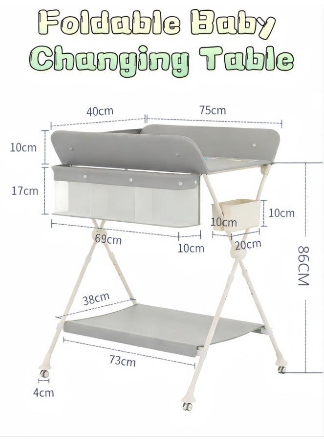 Baby Changing Table, Portable Folding Diaper Changing Station with Wheels, Adjustable Height, Mobile Nursery Organizer with Safety Belt and Large Storage Racks for Newborn Baby and Infant - Image 3